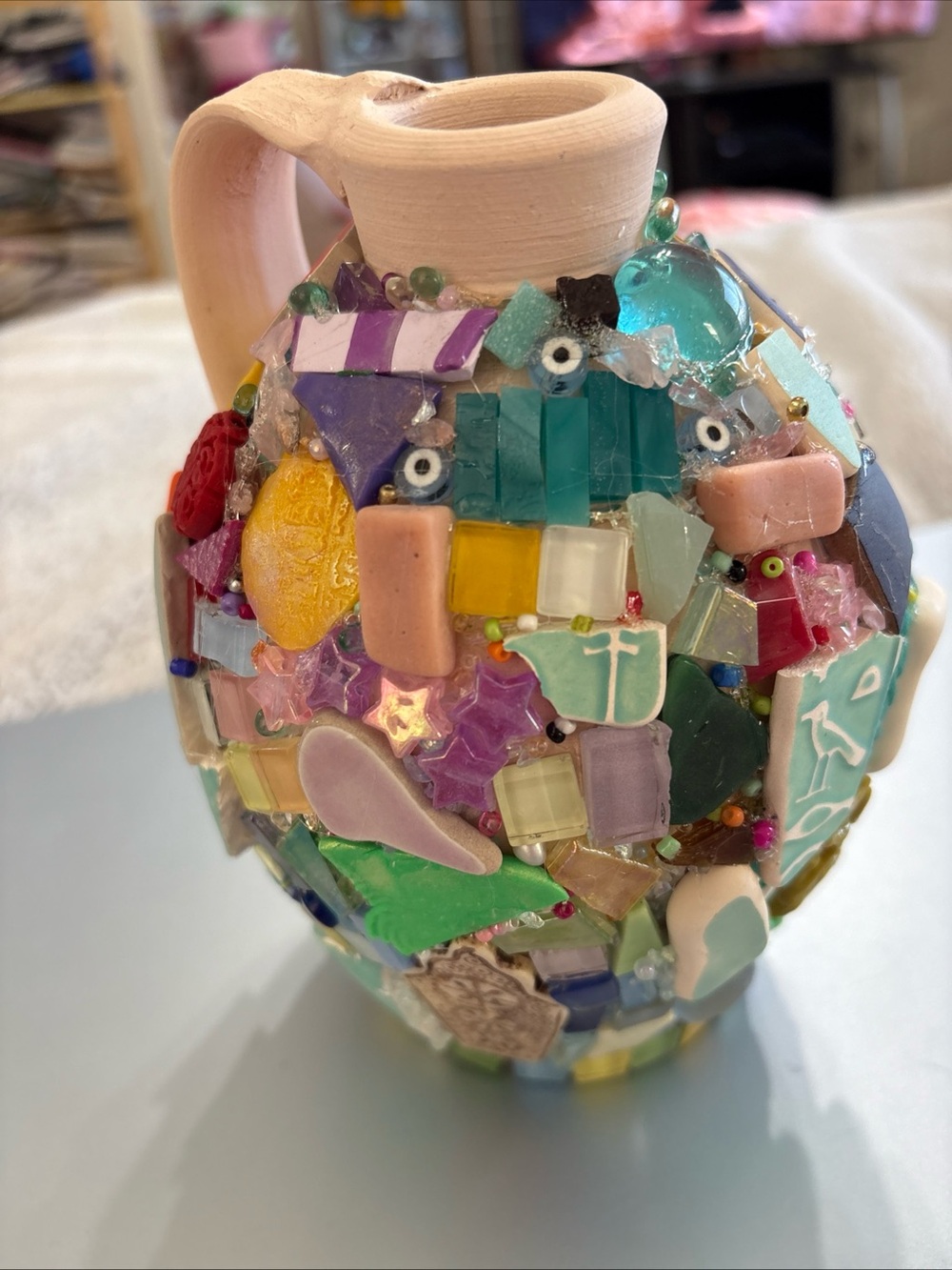 Handmade Clay & Mosaic Vase “Abundance 2 Polymer Clay &GlassCetamic  7”x6”